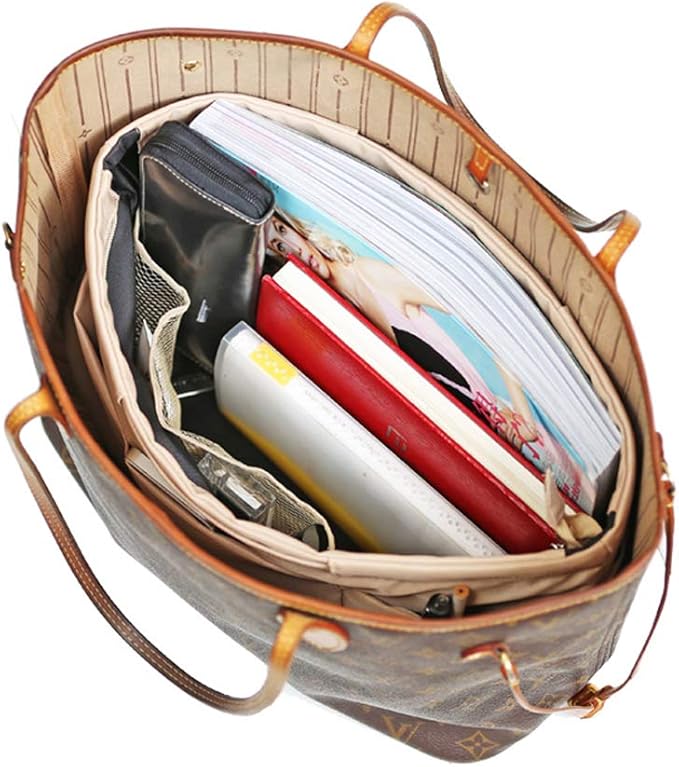 iN. Purse Organizer Insert with zipper Nylon fabric for women Handbags & Totebag beige Size: Medium: 15.7"(Top)/12.2"(Bottom) L × 4.7" W × 8.3" H