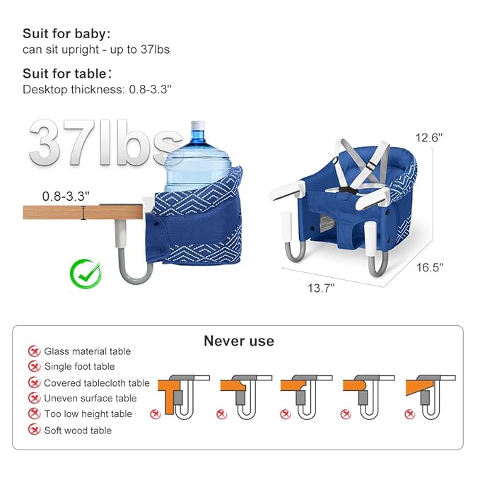 MTWML Portable High Chair for Table,Hook On High Chair that Attaches to Table,Space Saver Clip On Counter Seat for Baby,Easy Clean Baby Feeding Clamp Seat with Carry Bag for Travel(Stripe-Blue)