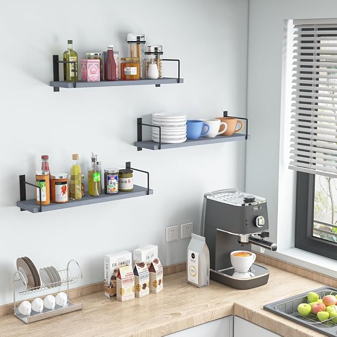 Floating Shelves - 24 Inch Wall Mounted Set of 3, Rustic Wood Storage Shelves for Living Room (Grey)