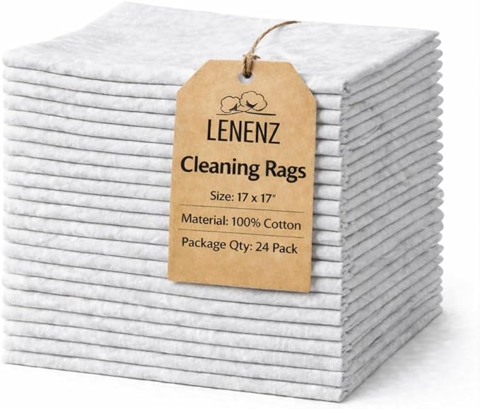 24 Pack New Lint Free Rags,100% Cotton Cloth for Cleaning, Soft Cloth Tshirt Material for Cast Iron Staining Wood, Dust Rags, Shoe Polishing, for Household, Automotive & Industrial Use 17x17