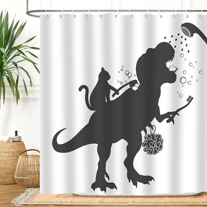 Cat Dinosaur Shower Curtain Funny Cartoon Cat Dino Bathe for Kids Boys Trex Silhouette Shadow Black White Design Artwork Bathroom Decor Waterproof Fabric 72Lx72W Inch with Hooks