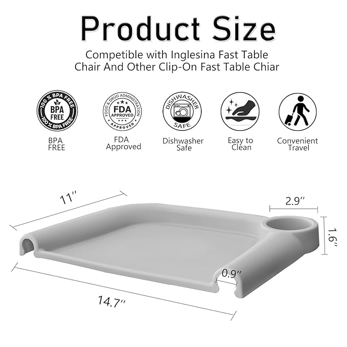 Baby Dining Tray Compatible with Inglesina Fast Table Chair Silicone Baby Dining Tray for Clip-On Fast Table Chair Dishwasher Safe BPA Free Silicone Removable Dining Tray Accessory -Light Gray