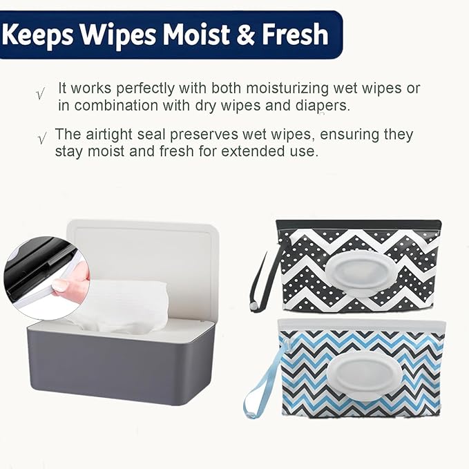 HFHungkeong Wipes Dispenser with 2Pcs Portable Refillable Wipe Holder,Reusable Large Wipe Holder Box Flushable Wipes Case Bathroom Wipes Container for Pet Nursery Kitchen Office Counter(Grey-White)
