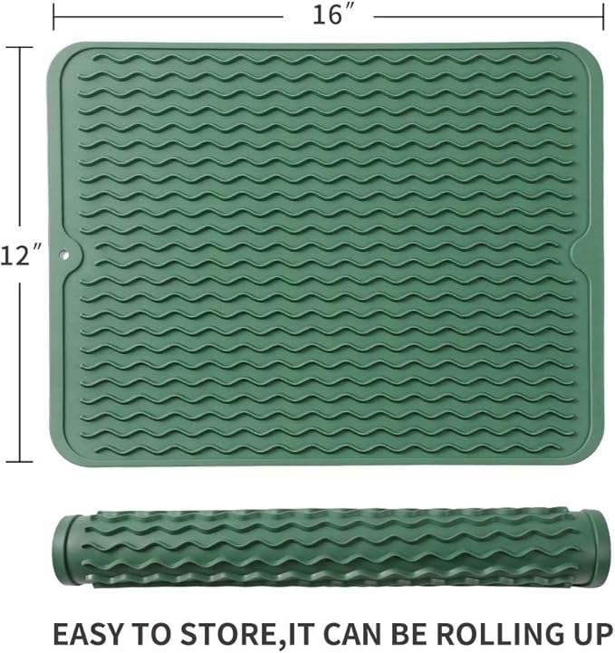 MicoYang Silicone Dish Drying Mat for Multiple Usage,Easy clean,Eco-friendly,Heat-resistant Silicone Mat for Kitchen Counter or Sink,Refrigerator or drawer liner Green L 16 inches x 12 inches