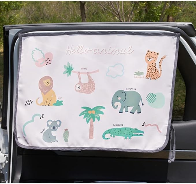BEBEDECO Magnetic Car Sun Shade Curtain for Side Window – Sun Blocker and UV Protector for Baby, Kids, and Pets – Universal Fit with Built-in Magnets for Steel-Framed Door (Animal Friends)
