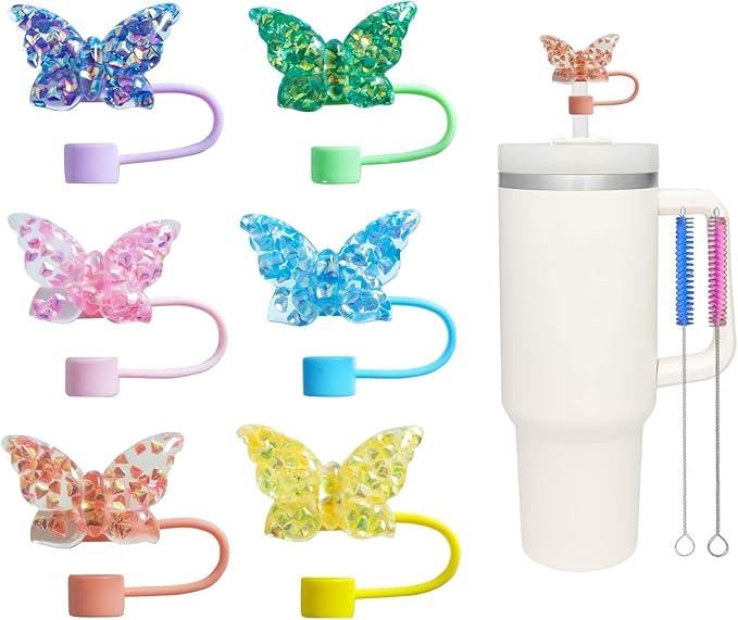6Pcs 10mm Sparkling Butterfly Straw Cover for Stanley Cup,Dust-Proof Straw Topper for 30&40 oz Tumblers and Water Bottles,Reusable Tumbler Cup Accessories for Stanley，Funny Gifts for Women & Girls