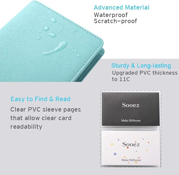 Sooez Leather Professional Business Card Book Holder Organizer, 240 Capacity Credit Card Booklet, PU Name Cards Holder Storage File for Men Women, Mint Green