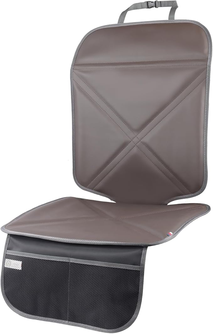 Viaviat Car Seat Protector Leather Waterproof Child Safety Seat Protector Cover with Thick Pad and 2 Large Pockets Durable Kick Mat for All Auto Seat (Brown)