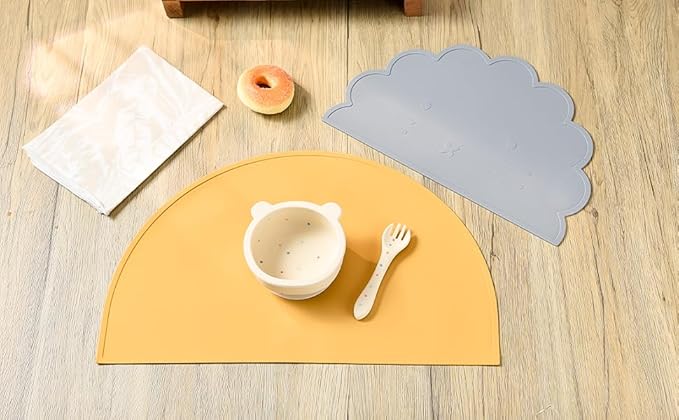 Silicone Bear Placemat for Toddlers (Half Circle 2pcs, Yellow Gray)