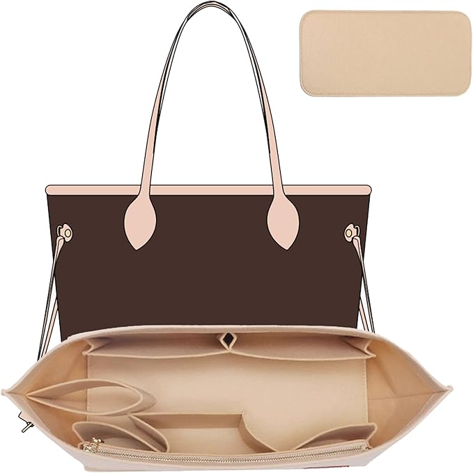 Purse Organizer Insert Compatible with Neverfull GM and More, Felt Zipper Bag Insert Liner with Base Shaper for Women Tote Handbags, Beige, XL