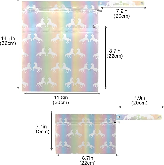 visesunny White Unicorn Colorful Rainbow 2Pcs Wet Bag with Zippered Pockets Washable Reusable Roomy for Travel,Beach,Pool,Daycare,Stroller,Diapers,Dirty Gym Clothes, Wet Swimsuits, Toiletries