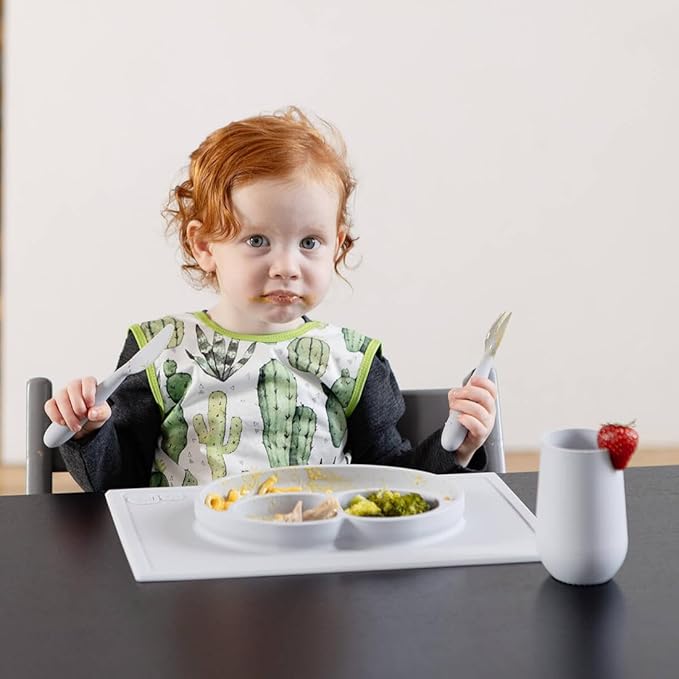 ezpz Happy Mat (Pewter) - 24 Months+ - 100% Silicone Suction Placemat + Divided Plate with Three Compartments - Toddler + Preschool Essentials
