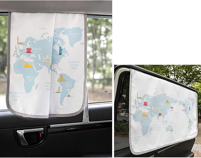BEBEDECO Magnetic Car Sun Shade Curtain for Side Window – Sun Blocker and UV Protector for Baby, Kids, and Pets – Universal Fit with Built-in Magnets for Steel-Framed Door (Be-Travel Map)