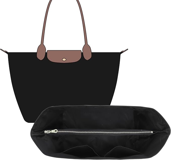 New DupontPaper Purse Organizer Insert Compatible with Longchamp Le Pliage L Tote M Handbag Insert, Lightweight Tote Insert for Long Champ Divier Shaper (Full Black, Large)