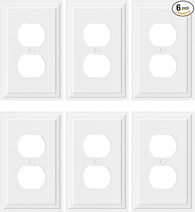 6-Pack Duplex Outlet Cover, Natural Bamboo Fiber Switch Plates and Outlet Covers, White Decorative Wall Plates for Electrical Outlets, 1 Gang Receptacle Cover, Corrosion Resistant