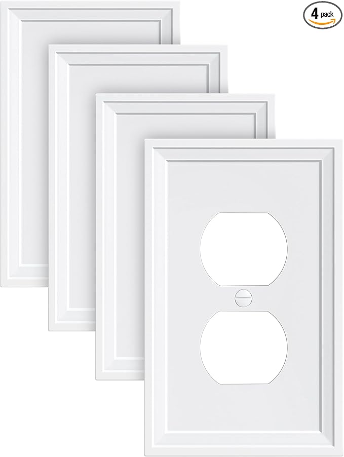 4-Pack Duplex Outlet Cover, Natural Bamboo Fiber Switch Plates and Outlet Covers, White Decorative Wall Plates for Electrical Outlets, 1 Gang Receptacle Cover, Corrosion Resistant