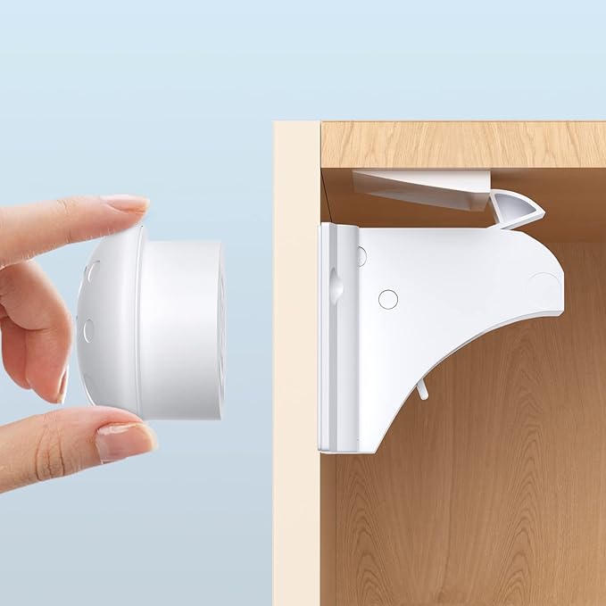 Child Safety Magnetic Cabinet Locks, AOSITE 12 Pack+3 Keys Baby Proofing Magnetic Drawer Locks for Kitchen with Adhesive No Drilling or Screws Fixed, 4 Baby Safety Cabinet Locks for Knobs