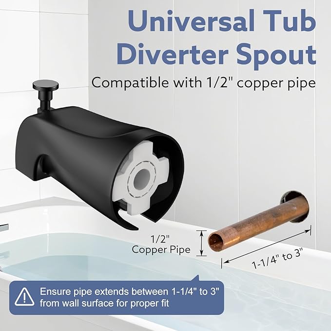 Tub Spout with Diverter – Slip-Fit Bathtub Faucet Spout Replacement, 1/2” Copper Pipe Connection, Easy to Install, Universal for Bathroom Shower (Matte Black)
