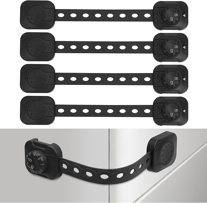 Songaa Child Safety Cabinets Strap Locks 4 Pack - Adjustable Baby Proofing Cabinet Latches for Drawers, Oven, Dishwasher, Fridge, Toilet Seat, Trash Can, with 3M Adhesive Pads - Black