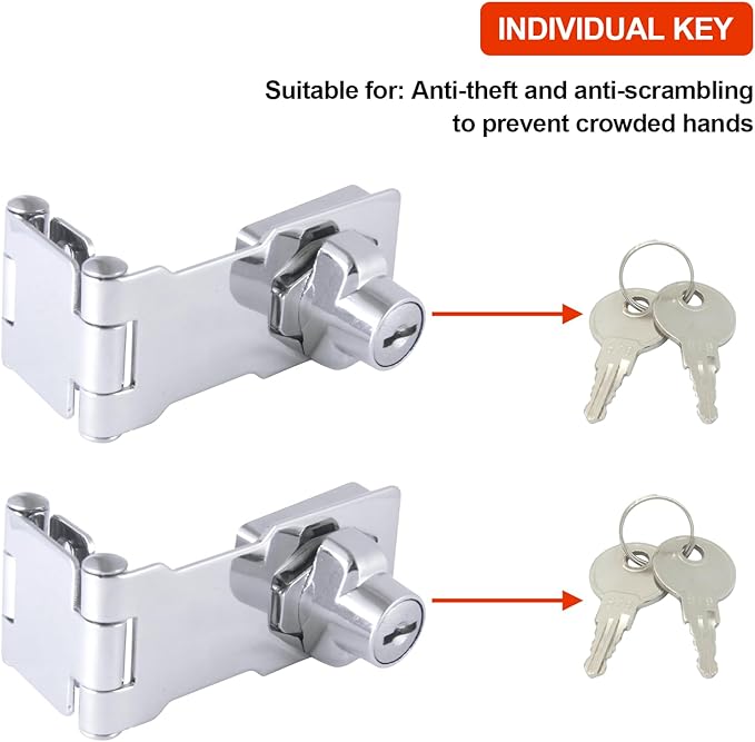 2 Pack Door Lock Hasp Latchs, Collapsible Solid 304 Stainless Steel File Cabinet Lock Desk Drawer Lock, for 90 Degree and 180 Degree Drawers, Dabinets, Doors, Flip Barn Door (Individual Key)