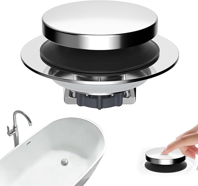 Hibbent 3 in 1 Metal Bathtub Drain Stopper, Universal Pop Up Tub Stopper, Bathtub Drain Hair Catcher, Removable Filter Basket, Anti-Clogging Drain Plug for 1.5''~2.4'' Drain, Brass Bullet Core, Chrome