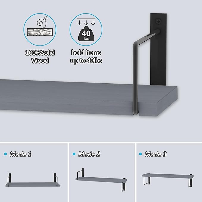 Floating Shelves - 24 Inch Wall Mounted Set of 3, Rustic Wood Storage Shelves for Living Room (Grey)