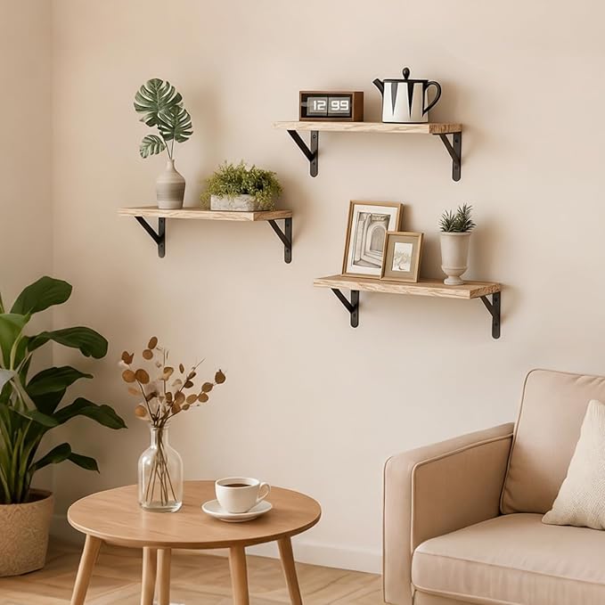 Fixwal Floating Shelves for Wall, Wood Wall Mounted Shelves for Bedroom, Bathroom, Living Room, Kitchen Storage and Decor(Rustic Brown, Set of 3, 16.5 Inch)