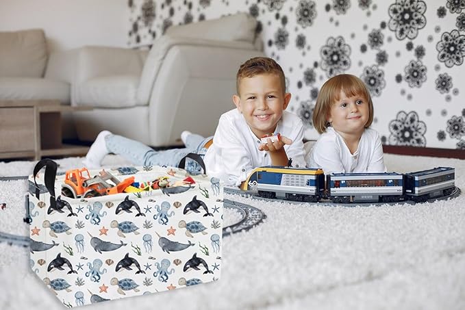 Essme Rectangular Ocean Baskets,Kids Storage Box,Cute Basket for Kids with Handles for Room Decor, Book Bins,Shelf Basket.(Sea)
