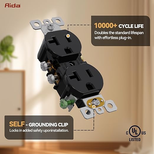AIDA 20 Amps Outlets Duplex Electrical Receptacle Outlets, Electrical Outlet, 20Amp 125V Heavy-Duty Wall Outlet, Residential, 3-Wire, Self-Grounding, UL Listed, Side Wire (10 Pack, Black)