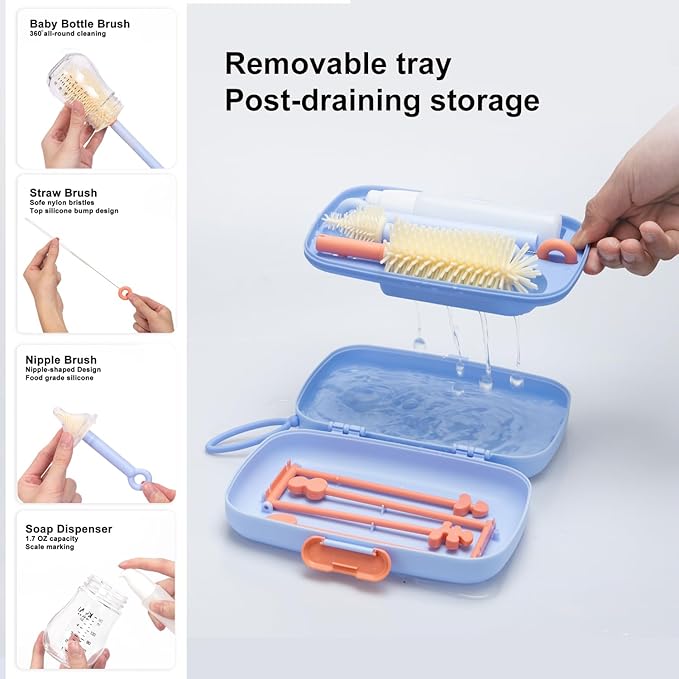 Suvast 7in1 Travel Bottle Cleaner kit with Baby Bottle Brush and Bottle Drying Rack,Swift Cleaning, Easy Portability(Blue)