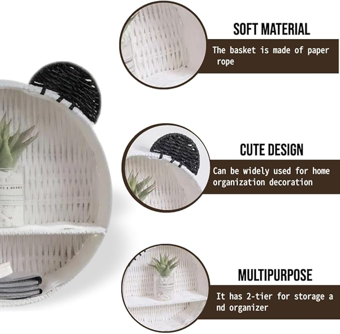White & Black Bear Wall Shelf, Handwoven Paper Rope Wall-Mounted Floating Display Shelf, Boho Nursery & Kids Room Organizer for Small Books, Toys & Decor