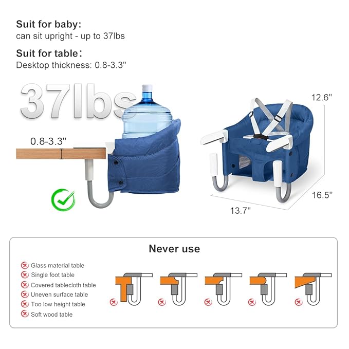 MTWML Portable High Chair for Table,Hook On High Chair that Attaches to Table,Space Saver Clip On Counter Seat for Baby,Easy Clean Baby Feeding Clamp Seat with Carry Bag for Travel(Pure-Blue)
