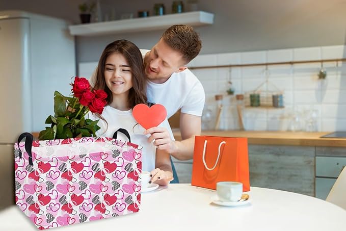 Essme Rectangular Valentine's Day Basket,Pink Heart Storage Bins Organizer with Handles for Girls Room Decor, Gift Basket,Shelf Basket.(Around Love)