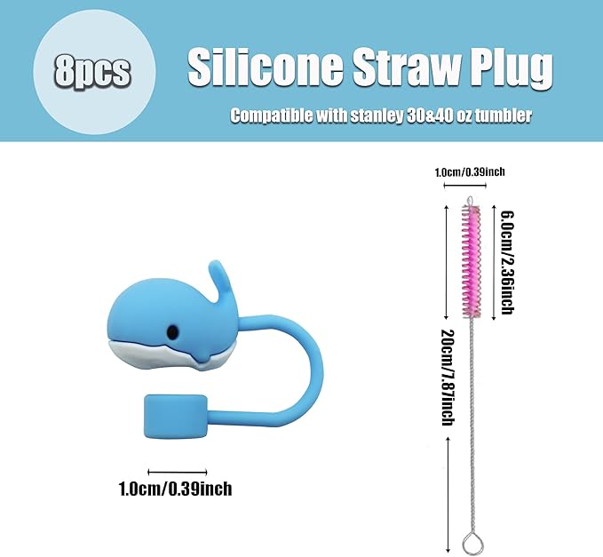 8Pcs Cute 10mm Marine Animal Straw Covers Cap for Stanley Cup,Silicone Straw Toppers Compatible with Stanley 30&40 Oz Tumblers with Handle, Dust-Proof Reusable Lids Tumbler Cup Accessories