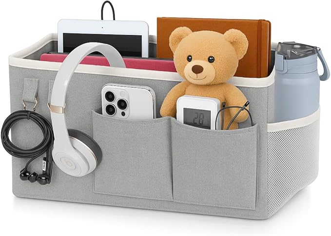 Bedside Caddy Organizer Hanging Storage Bag with Pockets for Books, Magazines, Phone, Tablet & Water Bottle – Bedside Storage for Dorm, Bunk Beds, Hospital Beds & Cribs,Grey