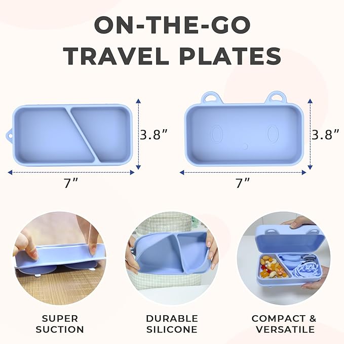 Travel Silicone Baby Feeding Set, 9pcs Portable Feeding Supplies, Toddler Suction Plates, 316 Stainless Steel Spoon & Fork, Silicone Baby Toy Straps, Lightweight Foldable Bib, Straw, Storage Bag