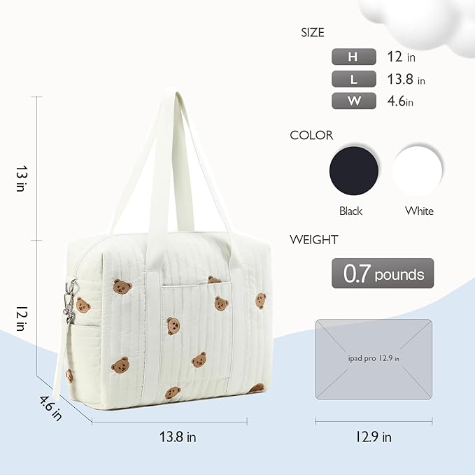 Diaper Bag Tote with Insulated Pockets and Stroller Hooks for Travel (White, Medium)