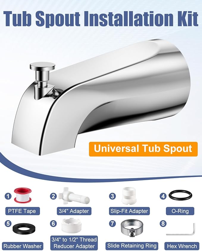 Universal Bathtub Tub Spout with Diverter, Fits 1/2" Slip-Fit Copper Pipe and 1/2" IPS & 3/4" IPS Thread Connections, Bathroom Tub Faucet Replacement with Adapters, PTFE Tape and Hex Wrench (Chrome)