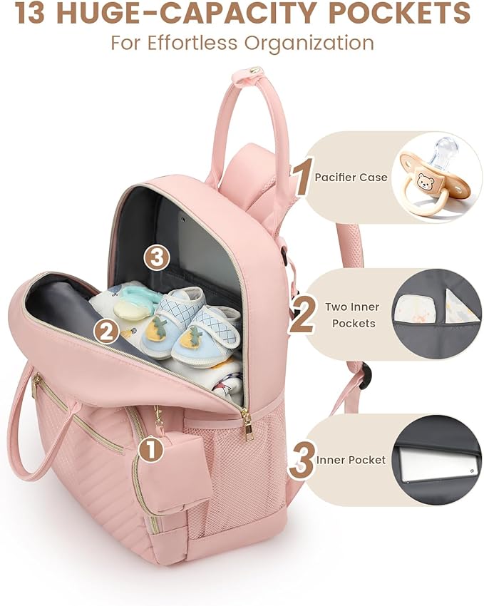 Pritent Diaper Bag Backpack,Baby Essentials Diapers Bag with Pacifier Case,Multipurpose Stylish Large Capacity Travel Backpack for Baby Girl/Boy(M-Pink)