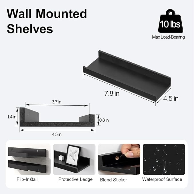 Small Black Floating Shelves for Wall Decor, Wall Mounted Wood Shelf for Bedroom, Living Room, Bathroom, Kitchen, Nursery, Display Ledge Shelf with Lip Set of 2-8 Inches, Black