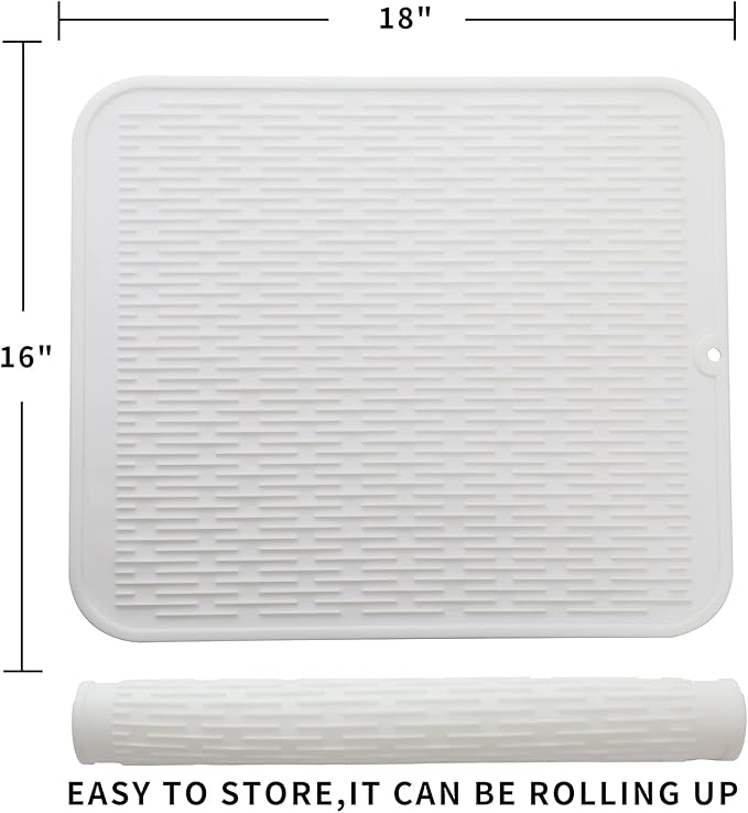 MicoYang Silicone Dish Drying Mat for Multiple Usage,Easy clean,Eco-friendly,Heat-resistant Silicone Mat for Kitchen Counter or Sink,Refrigerator or Drawer Liner White XL 18 inches x 16 inches