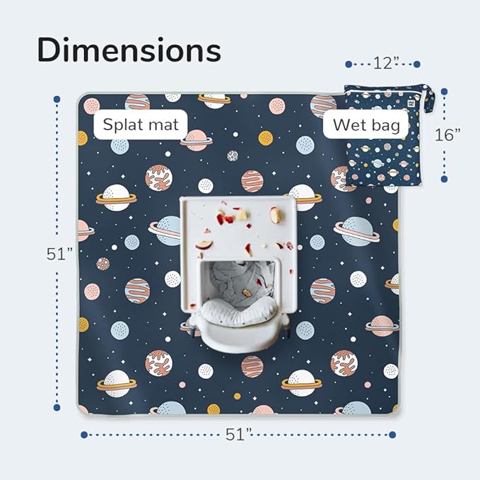 51" Heavy Duty Baby Splat Mat for Under High Chair | Includes Wet Bag | Premium Washable Toddler Mat | Baby Led Weaning | High Chair Mat for Floor | Craft Mat | Splash Mat (Space Cadet)
