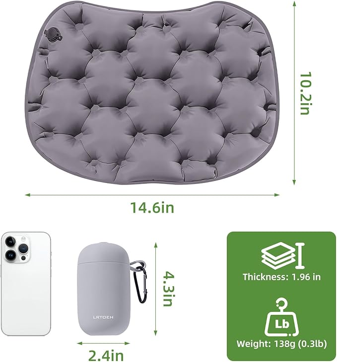 LRTOEH Inflatable Seat Cushion with Air Pump, Airplane Seat Cushion for Long Flights, Lightweight Stadium Seats Pad, Travel Portable Push-Press Air Seats Cushions for Hiking Office Car(Gray)