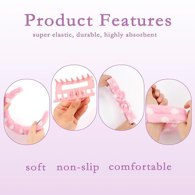 Canitor Spa Headbands Wrist Band Set with Hair Clip Skincare Headbands for Washing Face Non Slip Puffy Makeup Headband Wrist Towel Cute Preppy Teen Girl Birthday Gifts Trendy Stuff