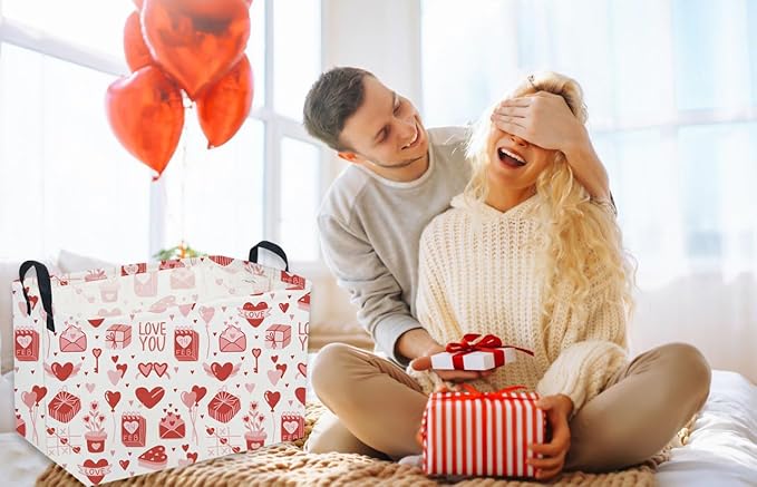 Sanjiaofeng Rectangular Valentine's Day Basket Love Storage Bins,Girls Storage Basket with Handles.Clothers,Books,Kid's Gifts Bins. (Pink envelope)