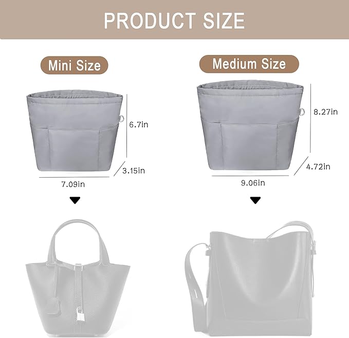 Vercord Purse Insert Organizers for Petite Tote Bag Organizer Insert Inside Handbag Shaper with Zipper Light Grey Mini