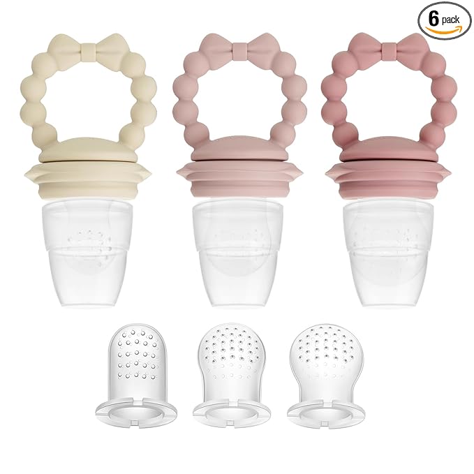 PandaEar 3 Pack Baby Fruit Food Feeder Pacifier with 3 Different Sized Pouches, Silicone Teether for Purees & Breast Milk, BPA Free Infant Solid Food Essentials for Babies 3-12 Months (Bow Series)