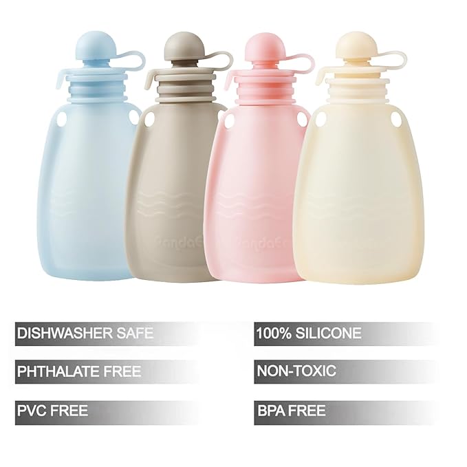 PandaEar Reusable Silicone Baby Food Pouches, 4 Pack Squeeze Pouches for Toddler Kids, BPA-Free Silicone Refillable Baby Food Storage, 5 oz