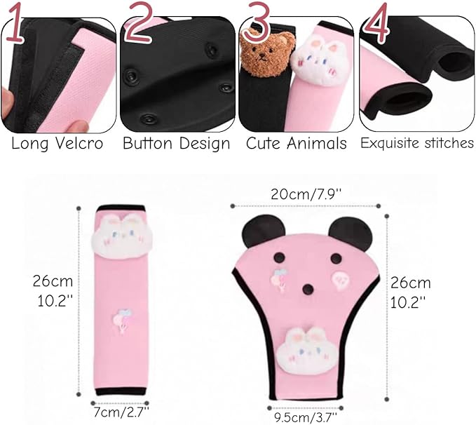Seat Belt Cover Pad for Kids, Cute Animal Child Seatbelt Covers for Girls and Boys (Bunny(Pink))