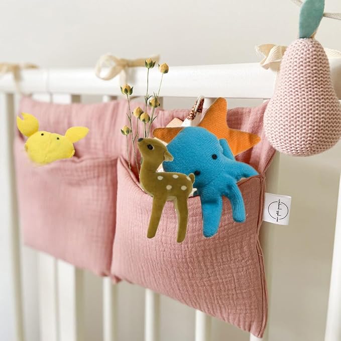 Baby Crib Pocket with Straps Hanging Baby Diaper Caddy Organizer, Diaper Stacker Classified Storage Bag Organizer for Nursery Diapers Wipes Baby Essentials (Red)